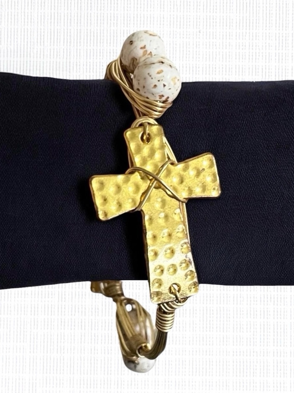 Wire Wrapped Cross Bangle Bracelet Textured Gold Tone Stone Bead Christian Art